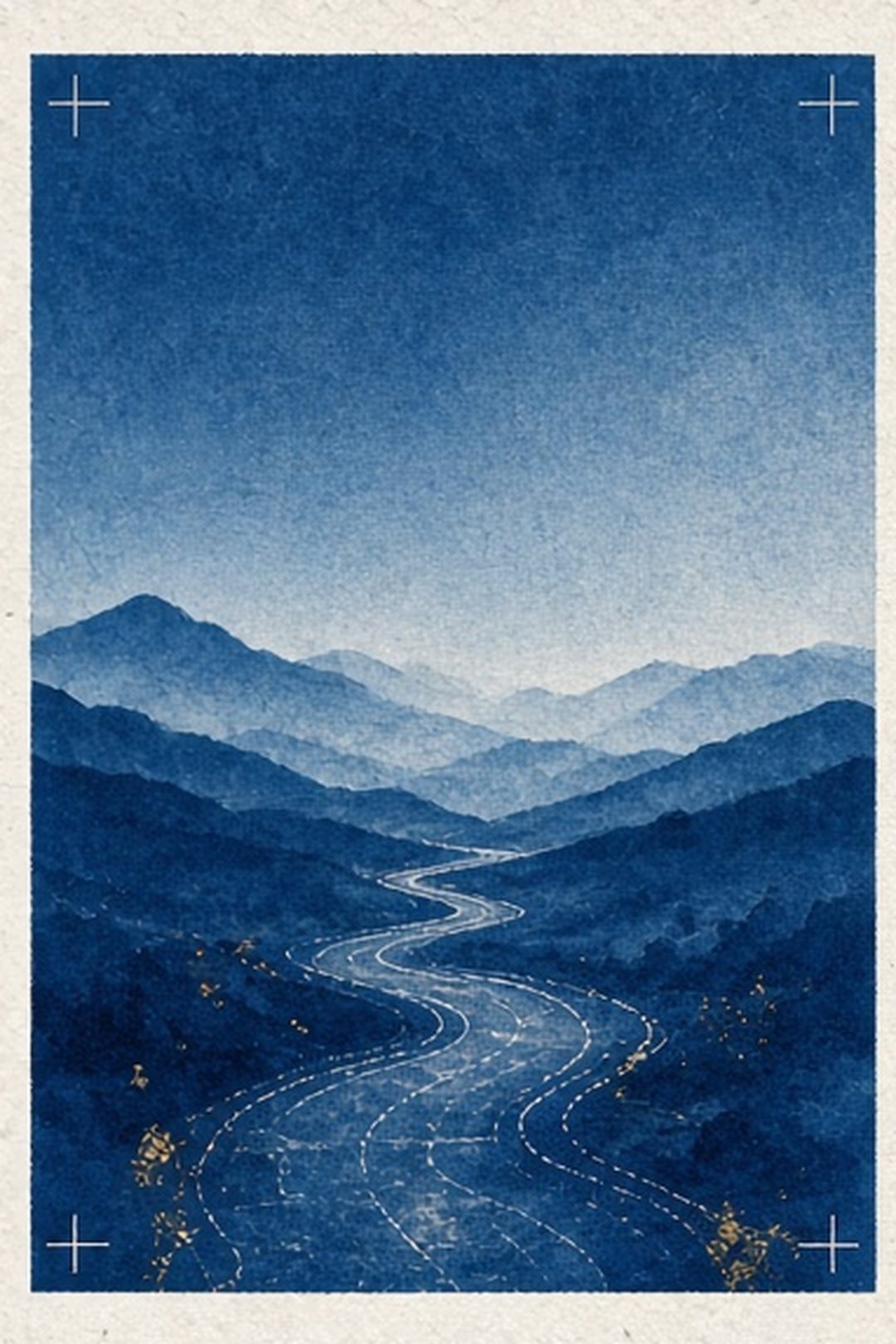 Cyanotype learning horizon with an unfinished route across fibrous indigo paper