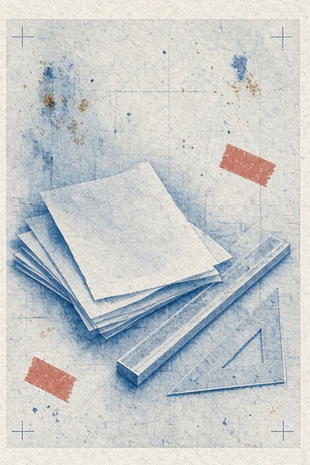Blank cyanotype drafting table with registration marks and paper tools