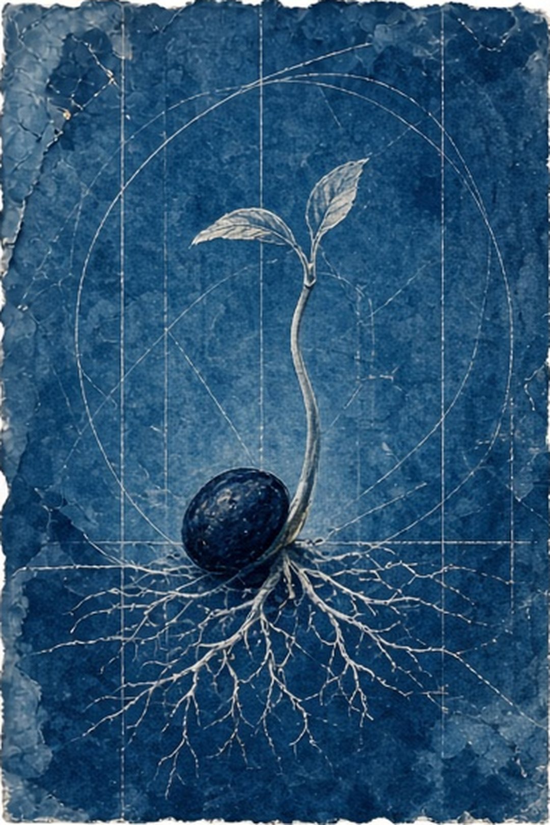 Essay seed represented as a sprouting cyanotype botanical contact print