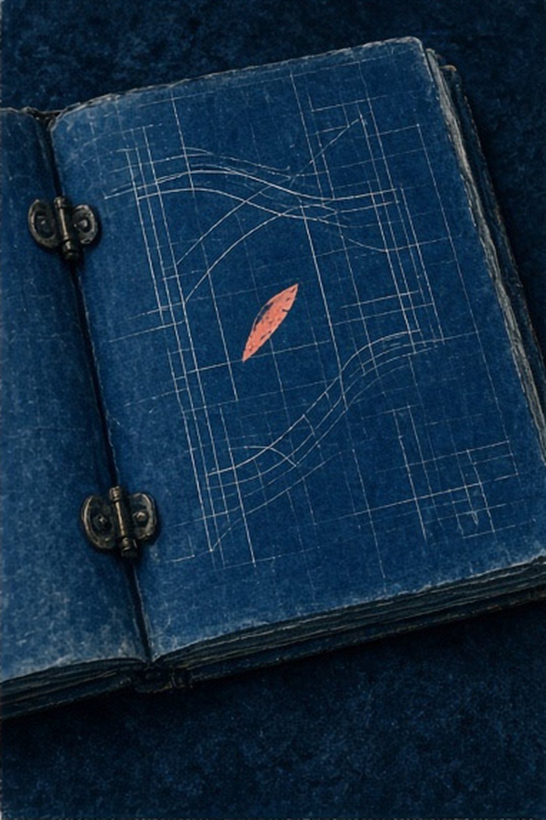 One coral next mark placed on an open indigo plan