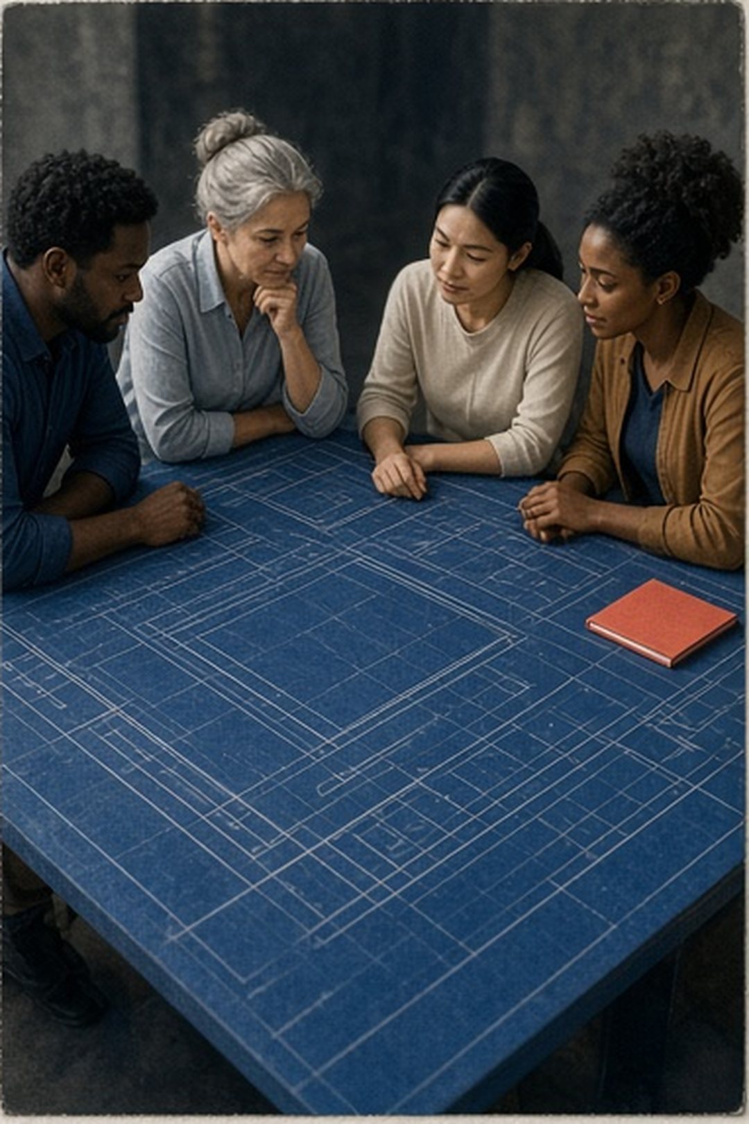 Fictional learners and mentors around a cyanotype planning table