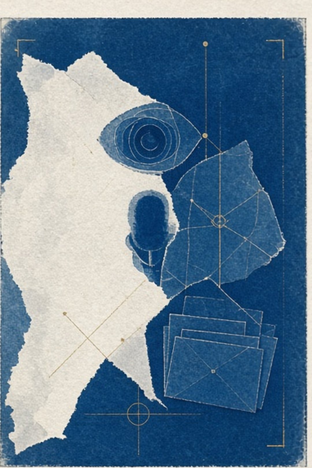 Abstract camera microphone map and folder shapes beyond a blueprint work surface