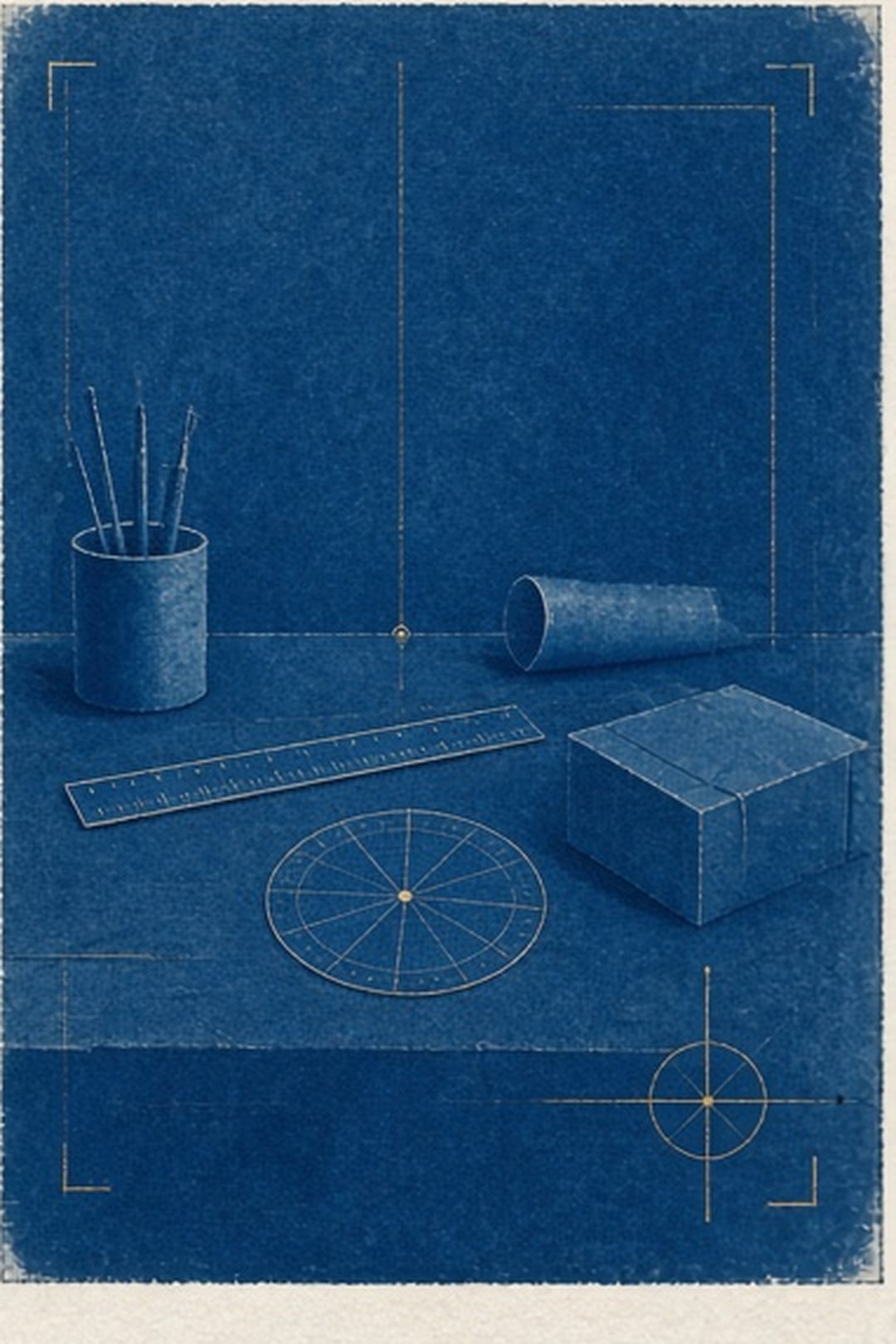 Quiet cyanotype measurement bench with no observer or audience