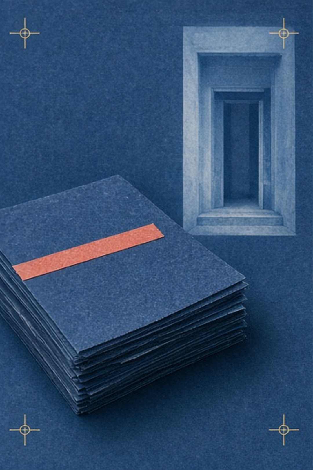 Bundled cyanotype art folio separated from an abstract hosting doorway