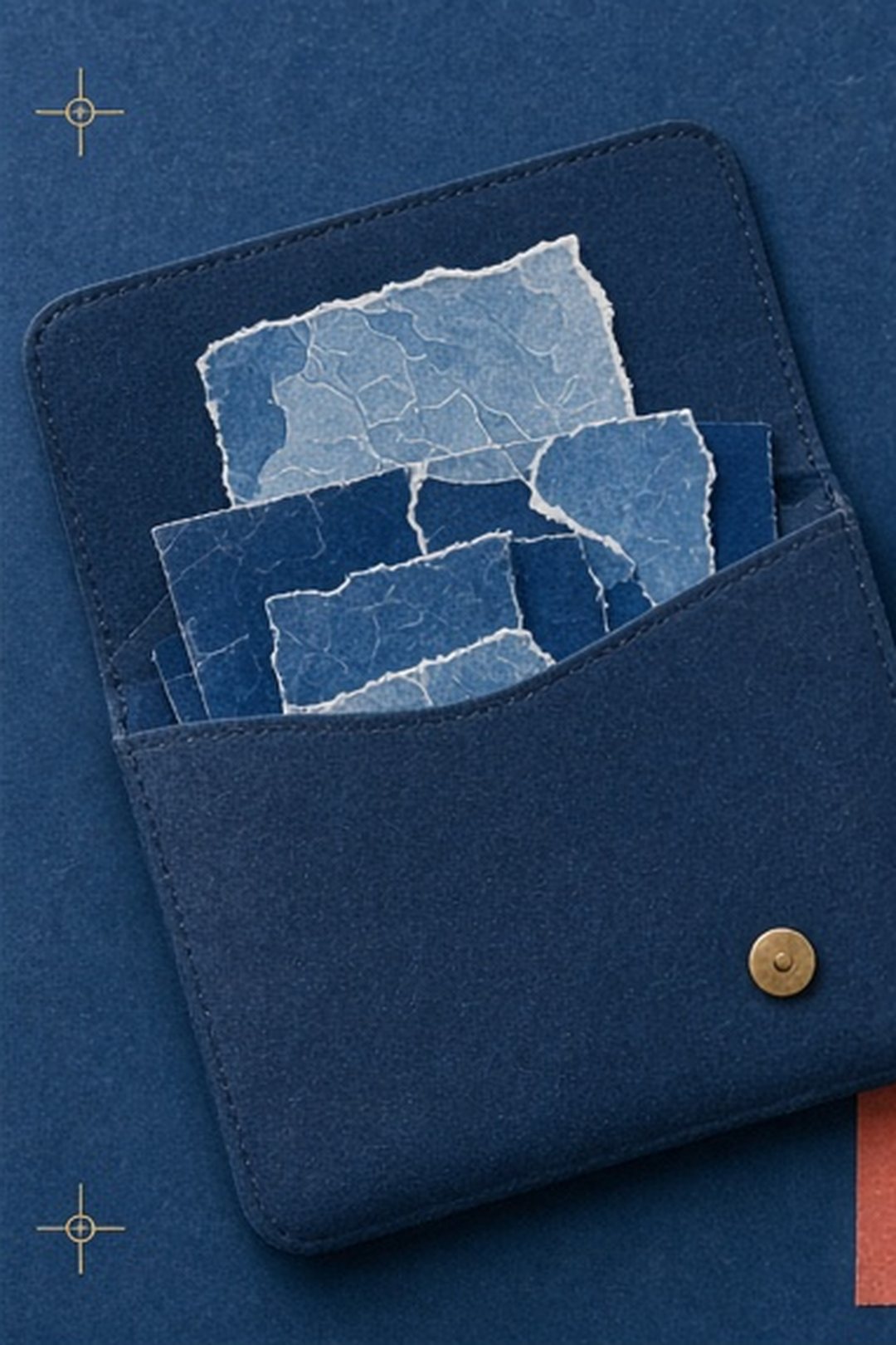 Four abstract card fragments inside one cyanotype device sleeve