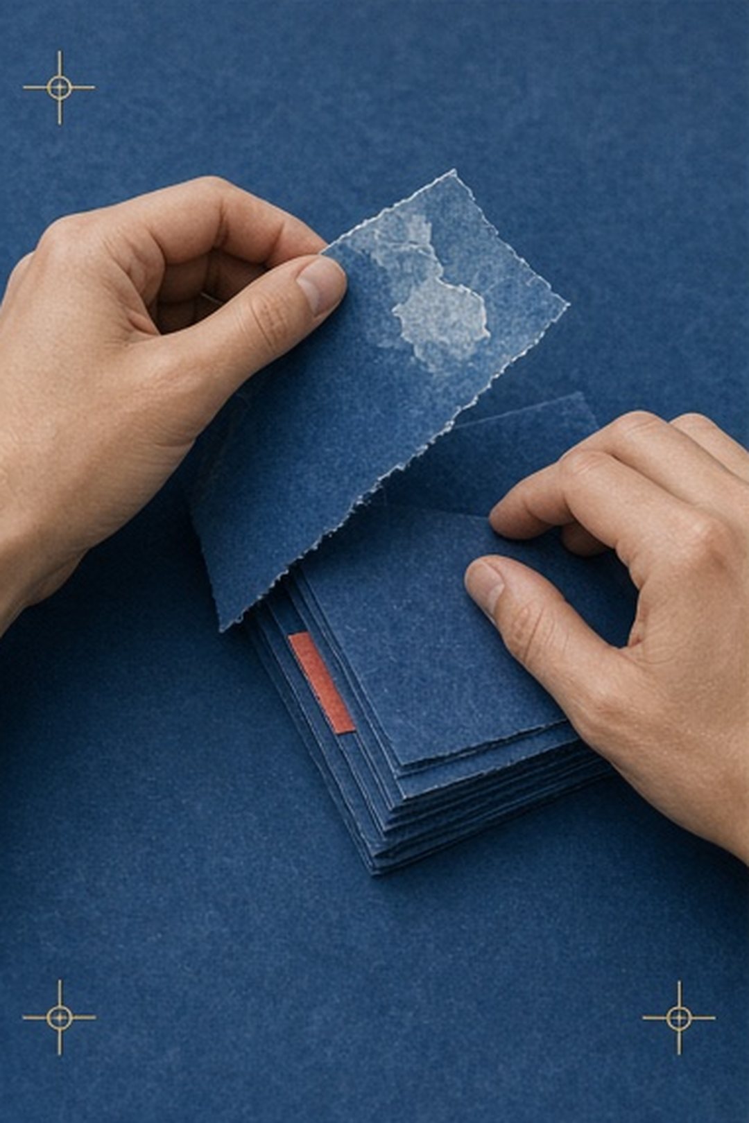 Remove-one and clear-stack gestures assembled from cyanotype paper