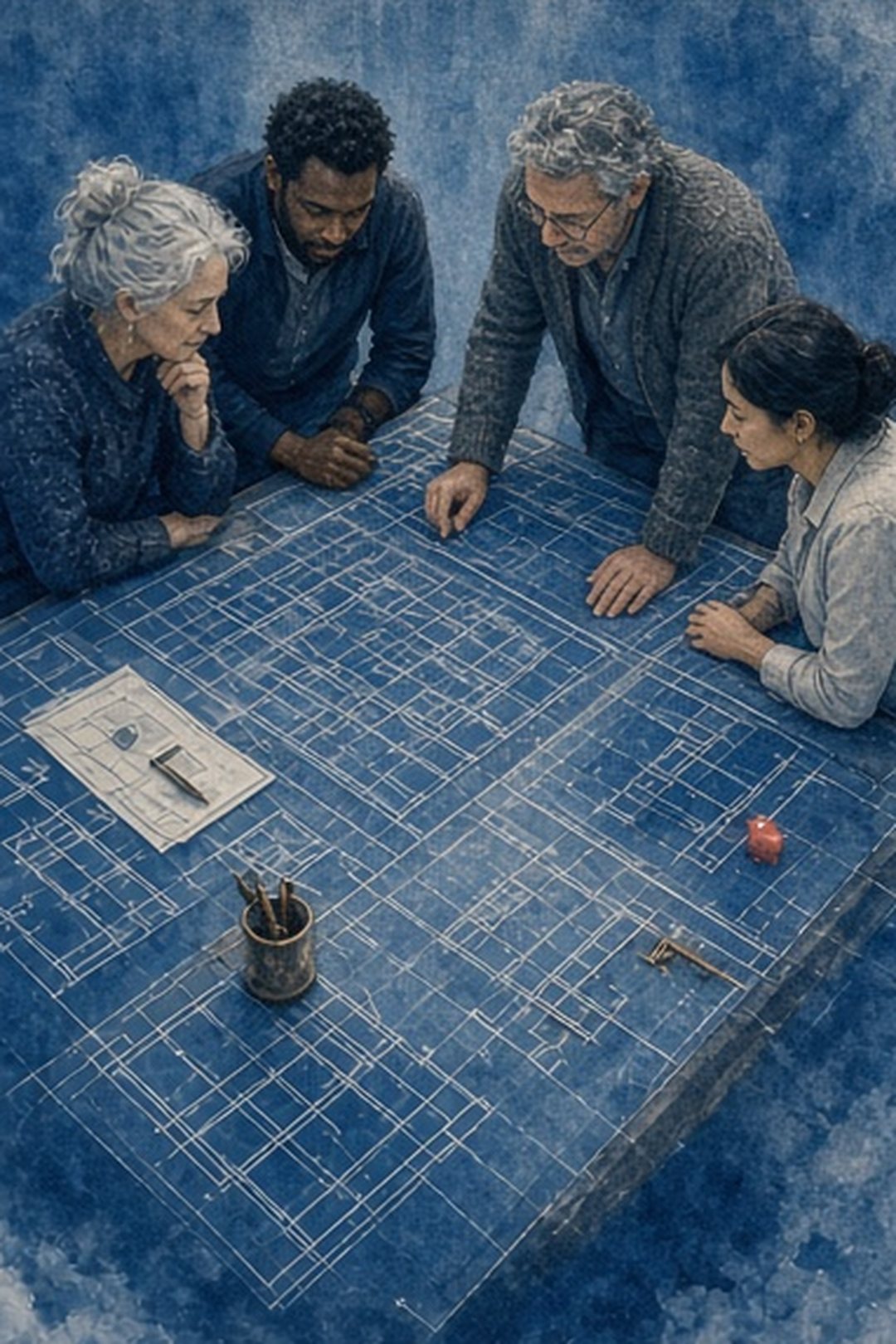 Fictional family supporting a learner around a cyanotype planning table